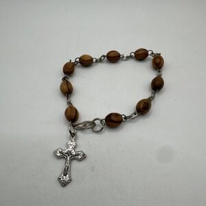 Wood Bracelet Olive Rosary Holy Land Beads Handmade Cross Religious Jerusalem 8"